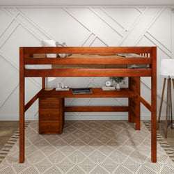 Wooden loft bed with integrated desk and storage drawers against a modern geometric wall design.
