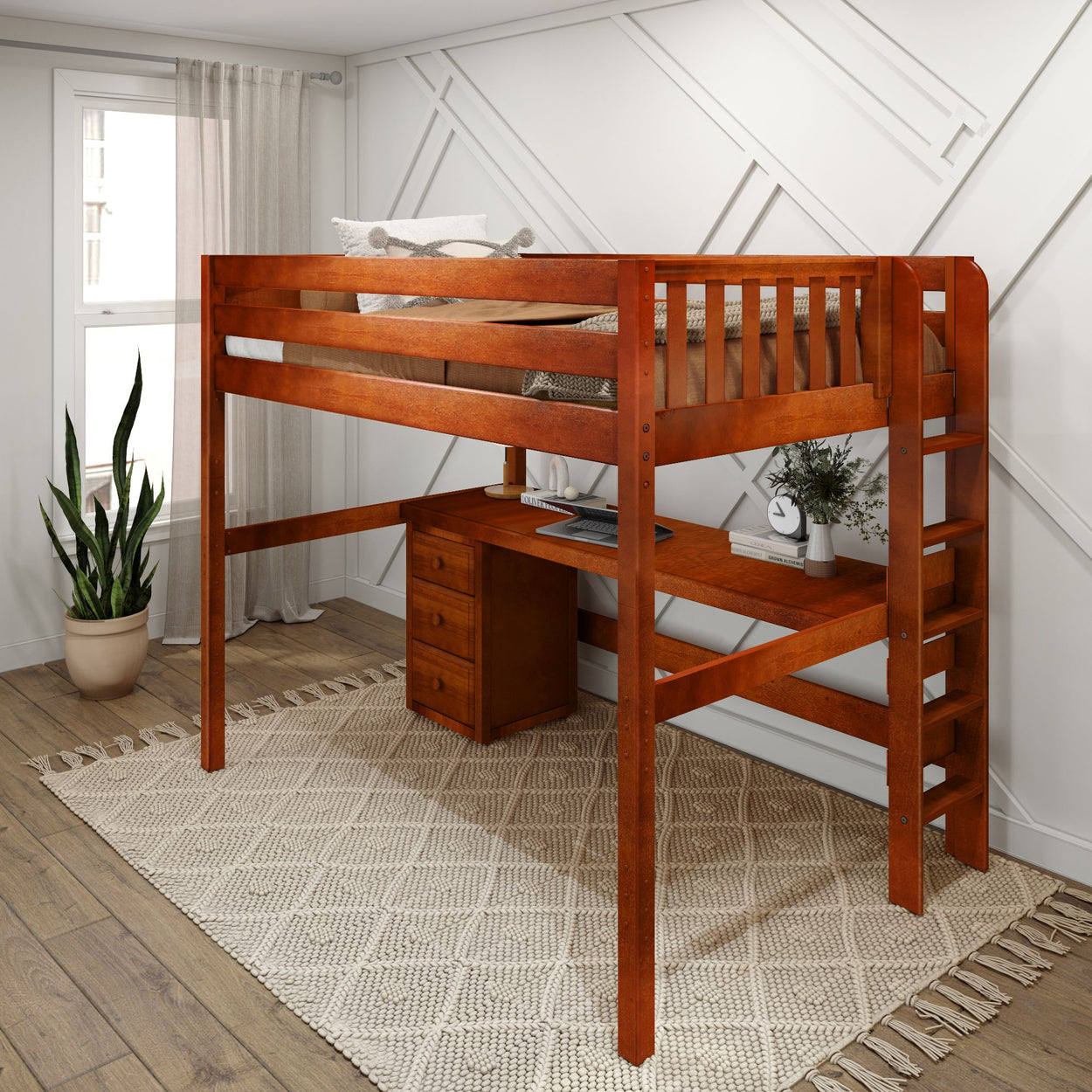 Wooden loft bed with built-in desk and ladder, ideal for maximizing space in modern bedroom design.