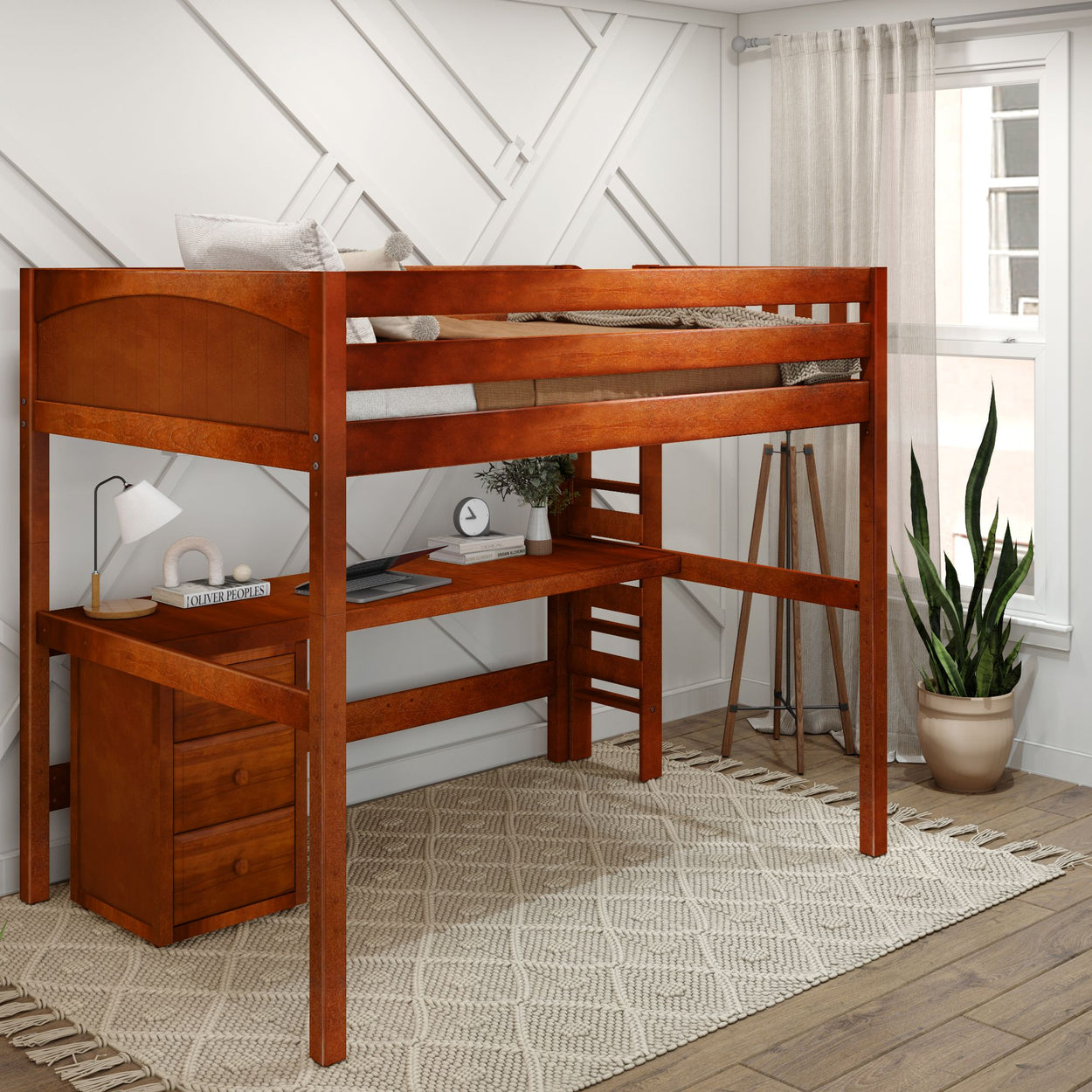 Wooden loft bed with ladder, desk, and drawers in stylish bedroom setup.