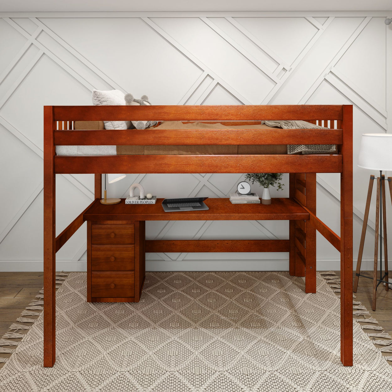 Loft bed with wooden desk underneath in modern bedroom setting.