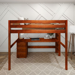 Loft bed with wooden desk underneath in modern bedroom setting.