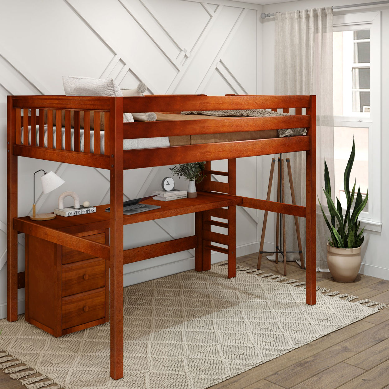 Wooden loft bed with integrated desk and drawers in a modern bedroom.