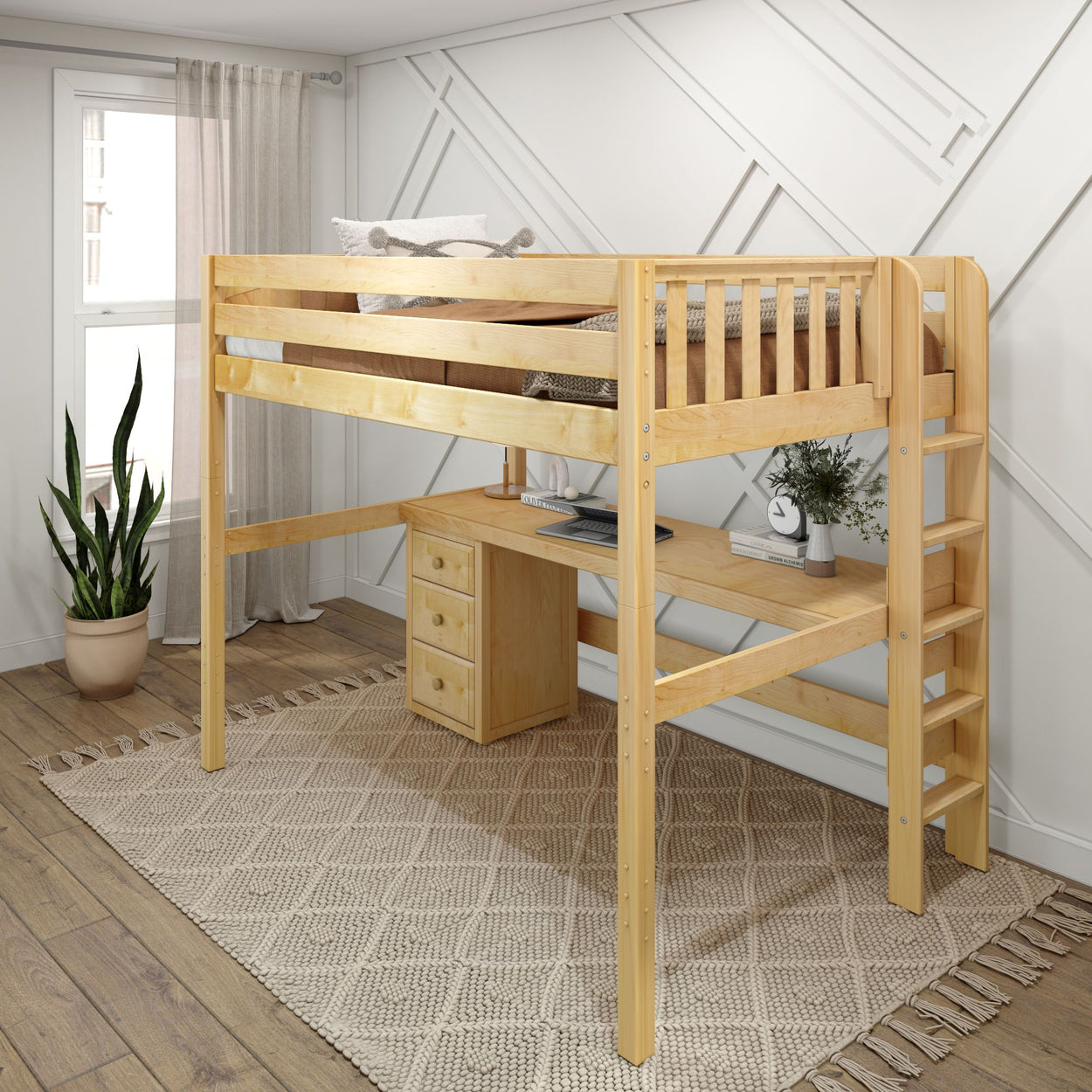 Loft bed with integrated desk and ladder in modern bedroom.