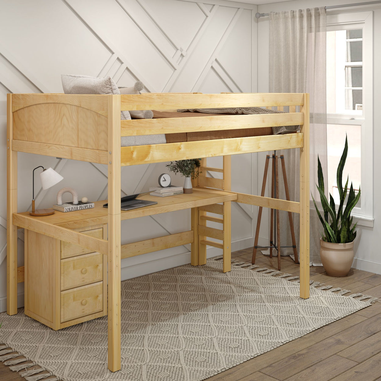 Natural wood loft bed with integrated desk and storage in a cozy white bedroom with natural light and plants.