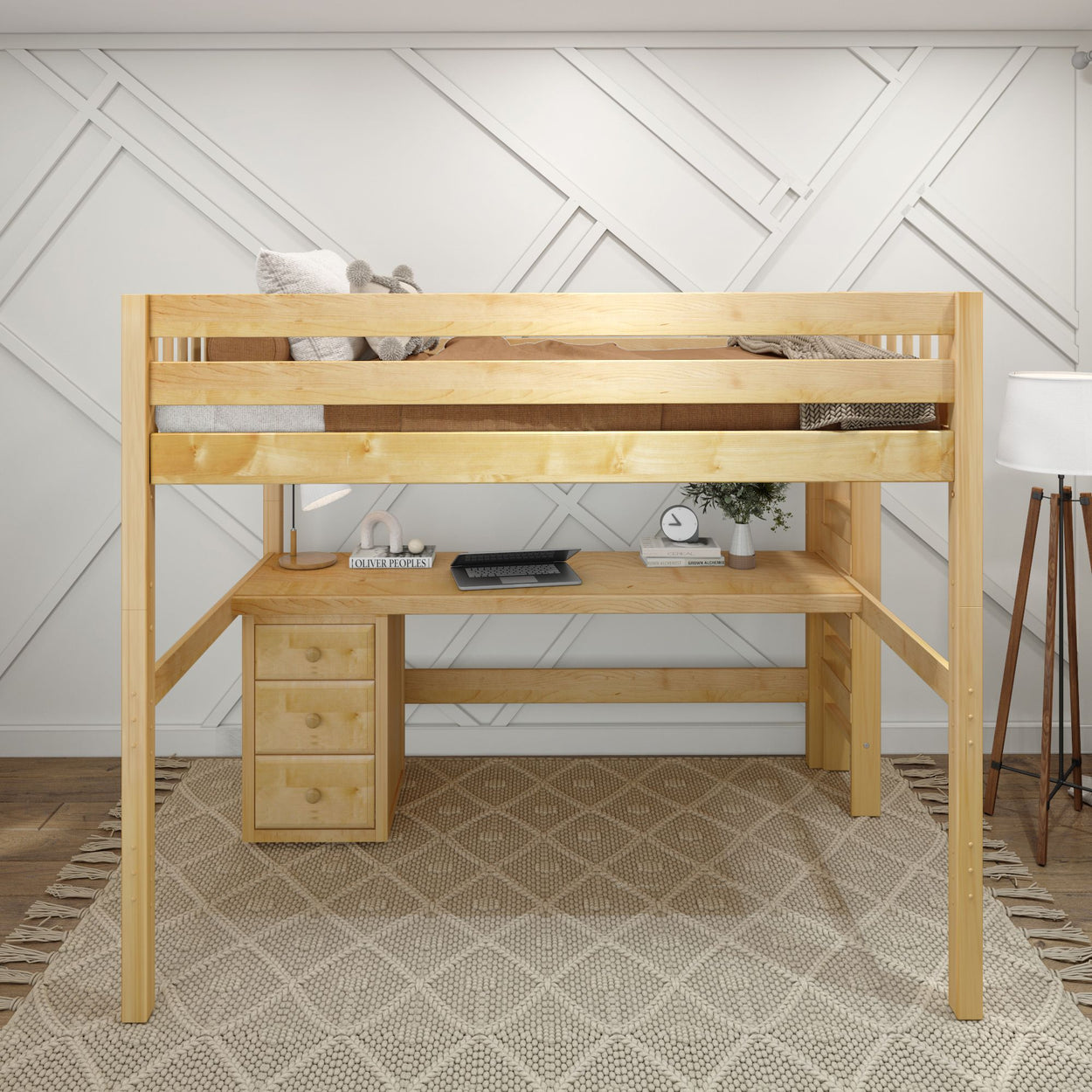 Loft bed with integrated desk and storage drawers in modern bedroom setup, ideal for saving space and enhancing productivity.