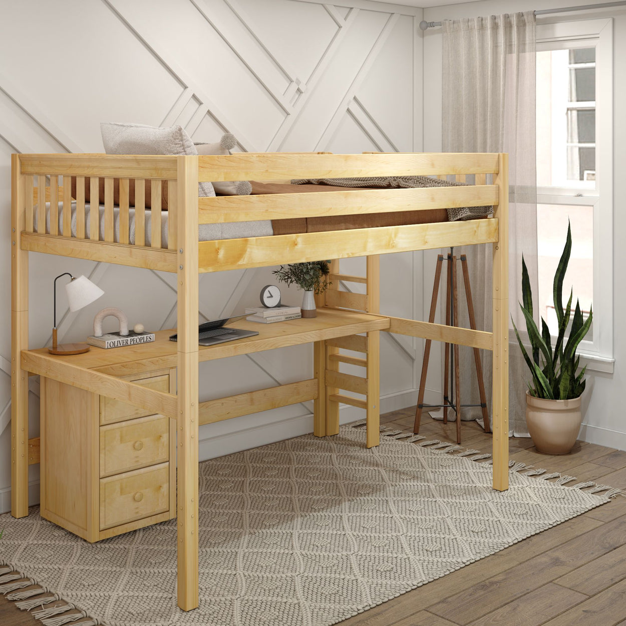 Stylish wooden loft bed with integrated desk in a modern bedroom interior.