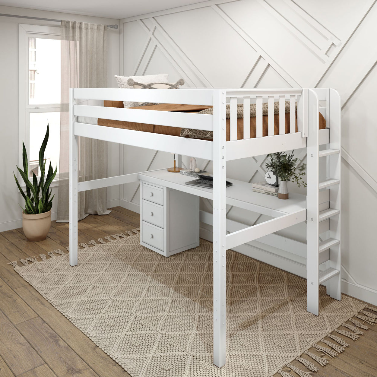 White loft bed with integrated desk, ladder, and storage drawers in a modern bedroom with wood flooring and a large plant.