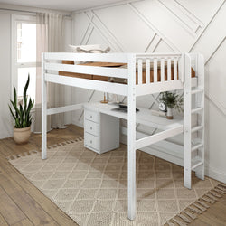 White loft bed with integrated desk, ladder, and storage drawers in a modern bedroom with wood flooring and a large plant.