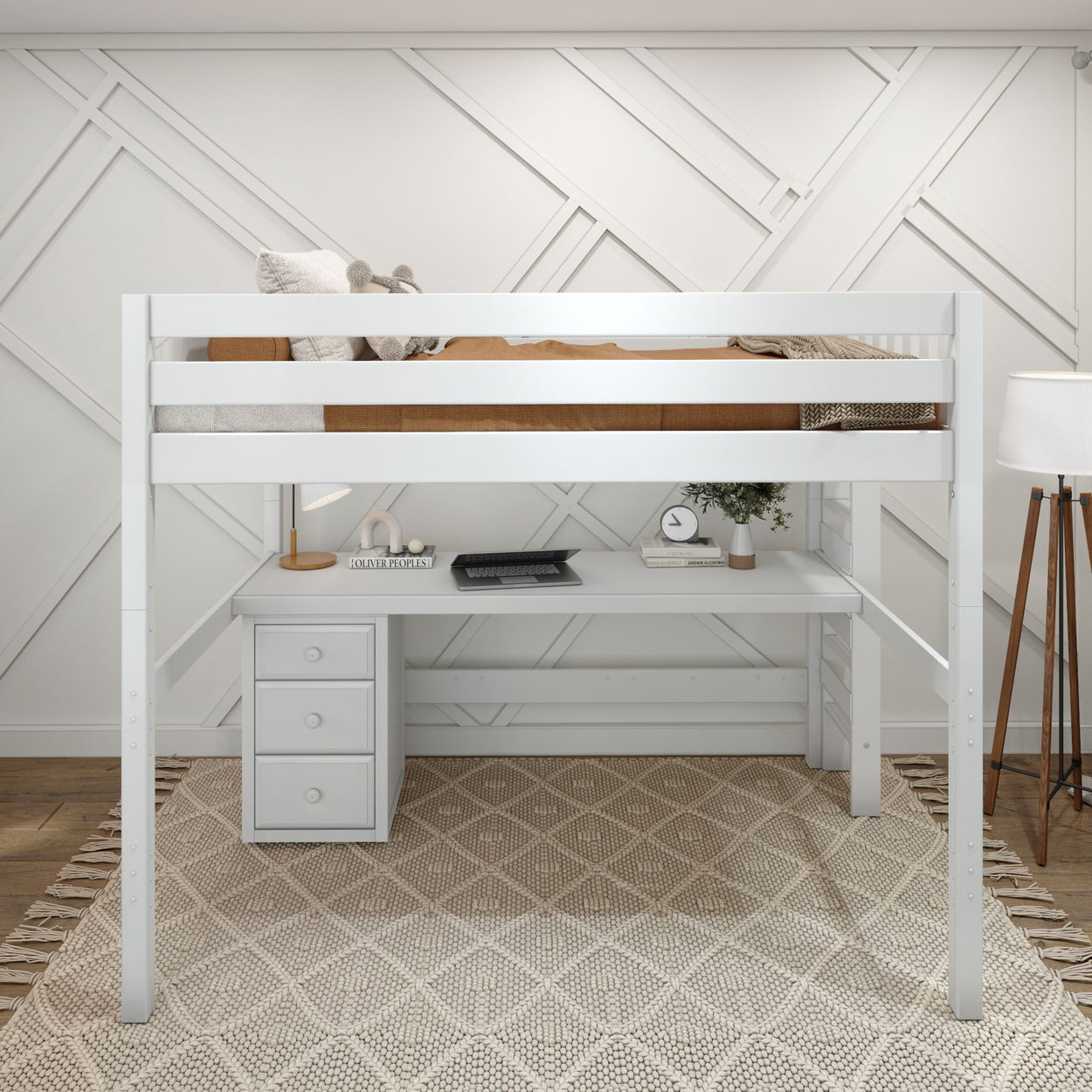 White loft bed with integrated desk and storage, modern kids' bedroom furniture design.