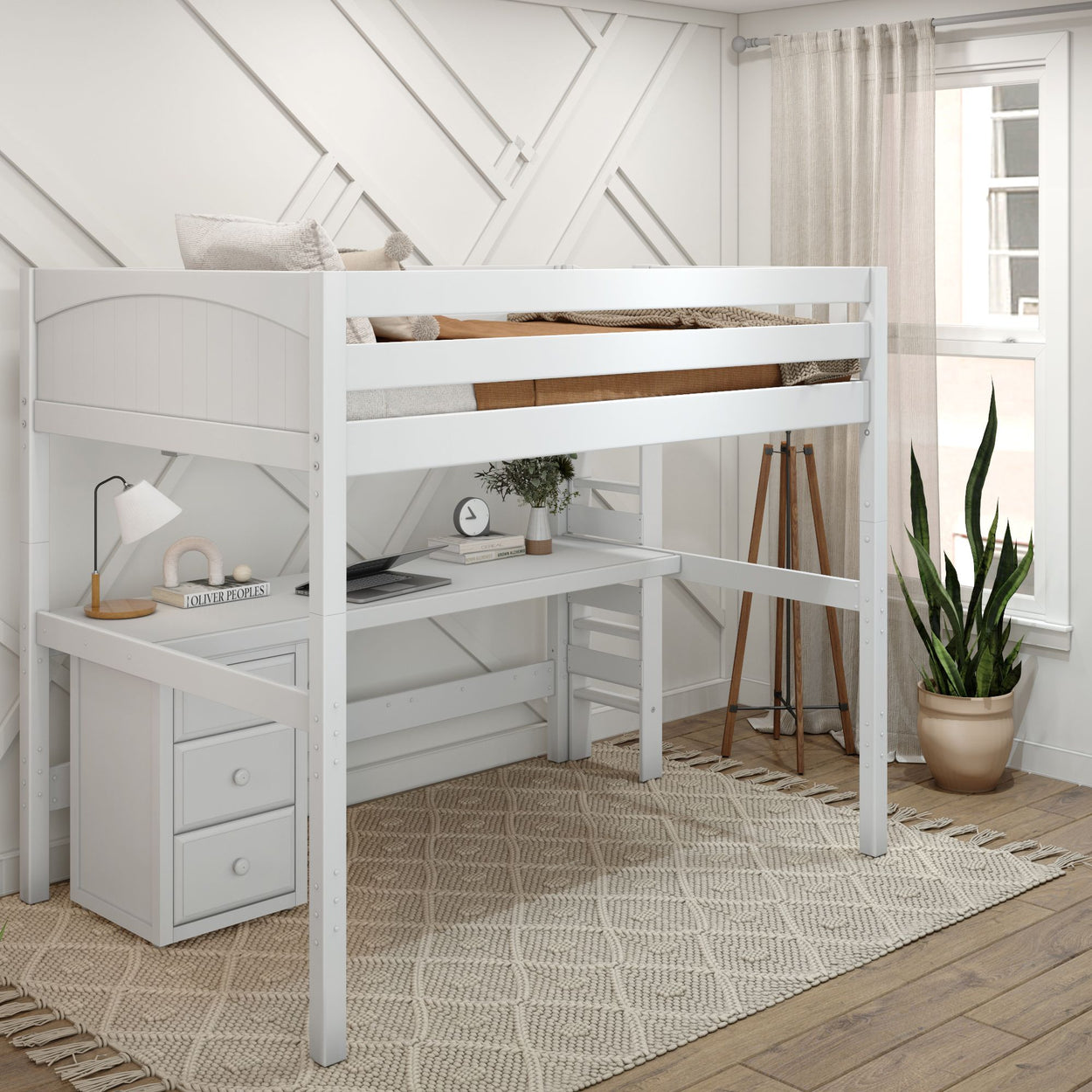 White loft bed with integrated desk and drawers in modern bedroom setup featuring neutral decor and natural light.