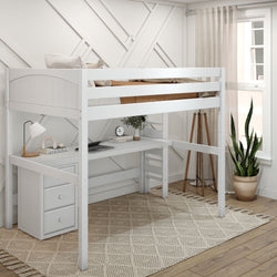White loft bed with integrated desk and drawers in modern bedroom setup featuring neutral decor and natural light.