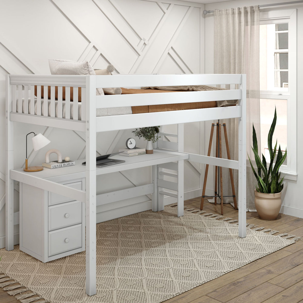 White loft bed with built-in desk and drawers in a modern bedroom with natural light.
