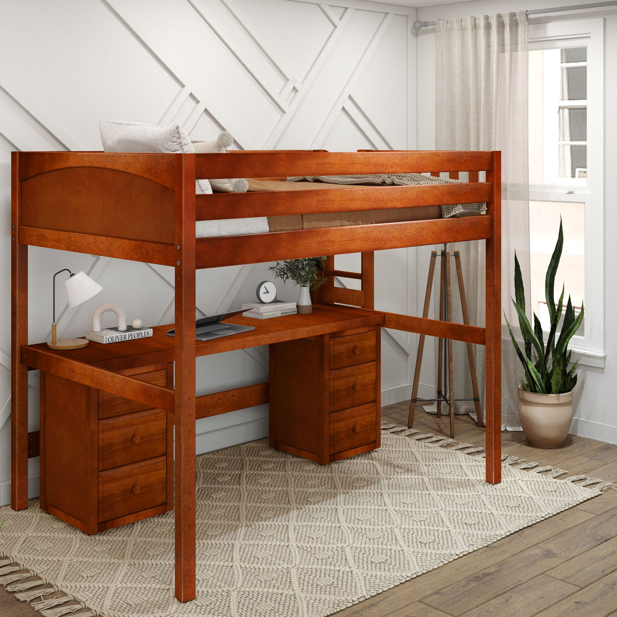 Wooden loft bed with built-in desk and storage in modern bedroom setting.