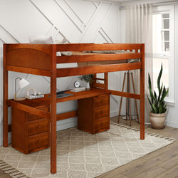 Wooden loft bed with built-in desk and storage in modern bedroom setting.