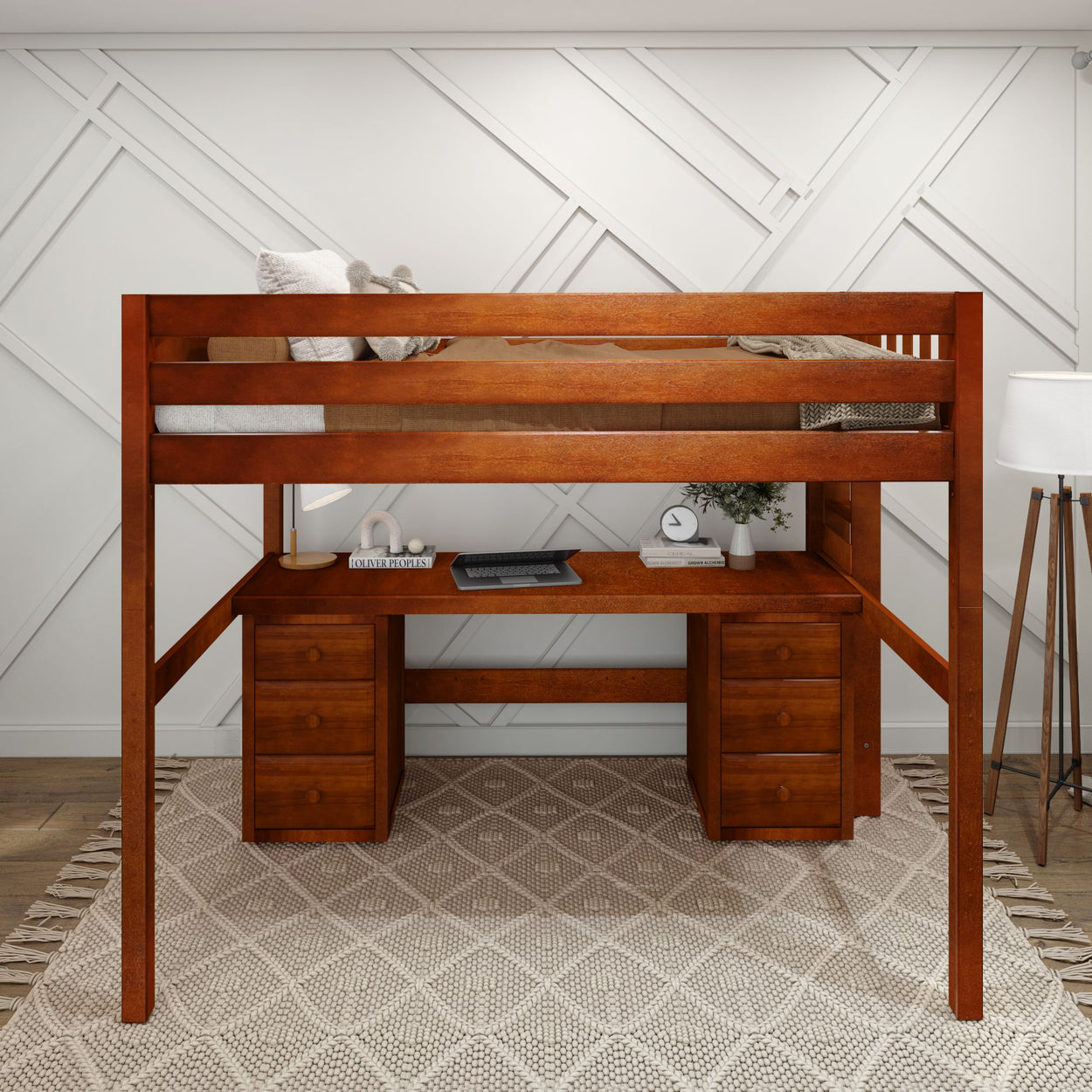 Wooden loft bed with built-in desk and storage drawers, ideal for maximizing space in stylish modern bedroom.