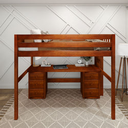 Wooden loft bed with built-in desk and storage drawers, ideal for maximizing space in stylish modern bedroom.
