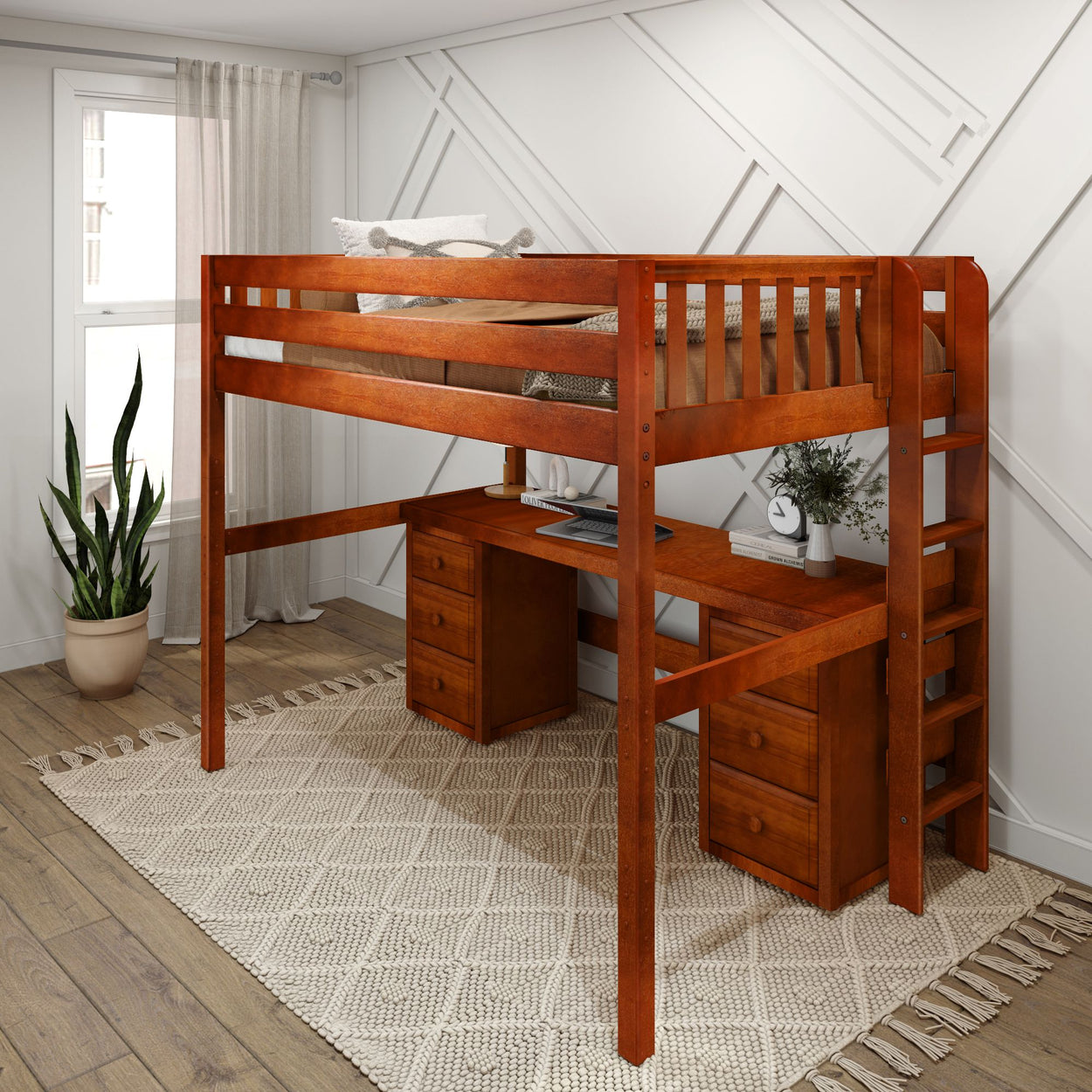 Loft bed with integrated desk and storage in modern bedroom setup.