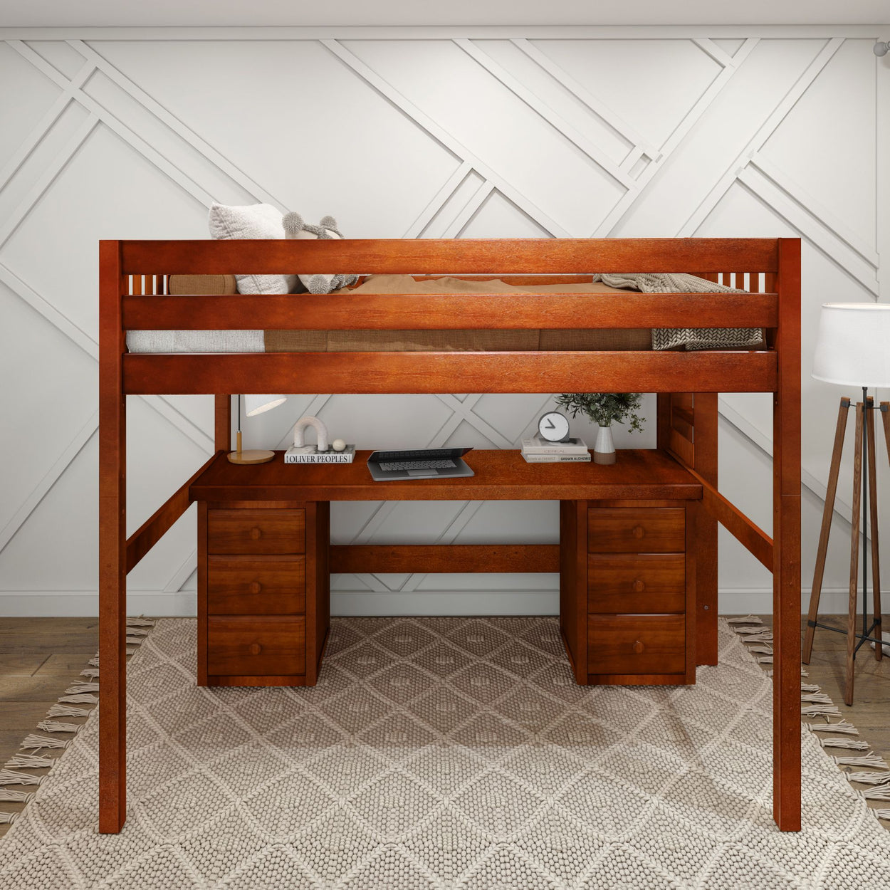Wooden loft bed with integrated desk and storage drawers, perfect for maximizing space in small bedrooms.