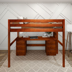 Wooden loft bed with integrated desk and storage drawers, perfect for maximizing space in small bedrooms.