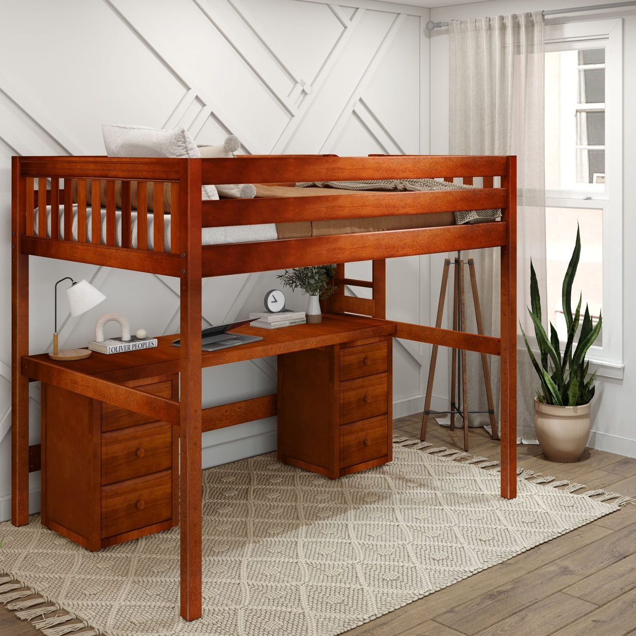Loft bed with integrated desk in modern bedroom setup, featuring wooden design and ample storage space.