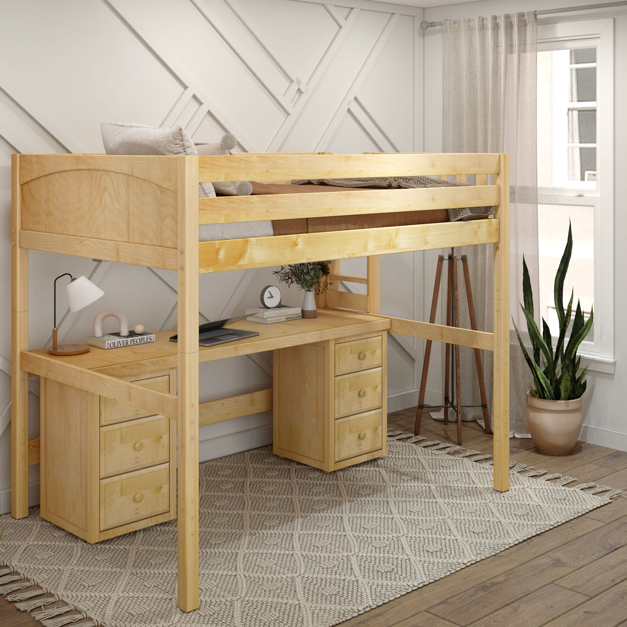 Wooden loft bed with built-in desk and drawers in a modern bedroom setup.