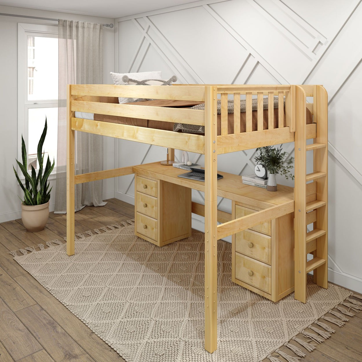 Wooden loft bed with integrated desk and drawers in modern bedroom.