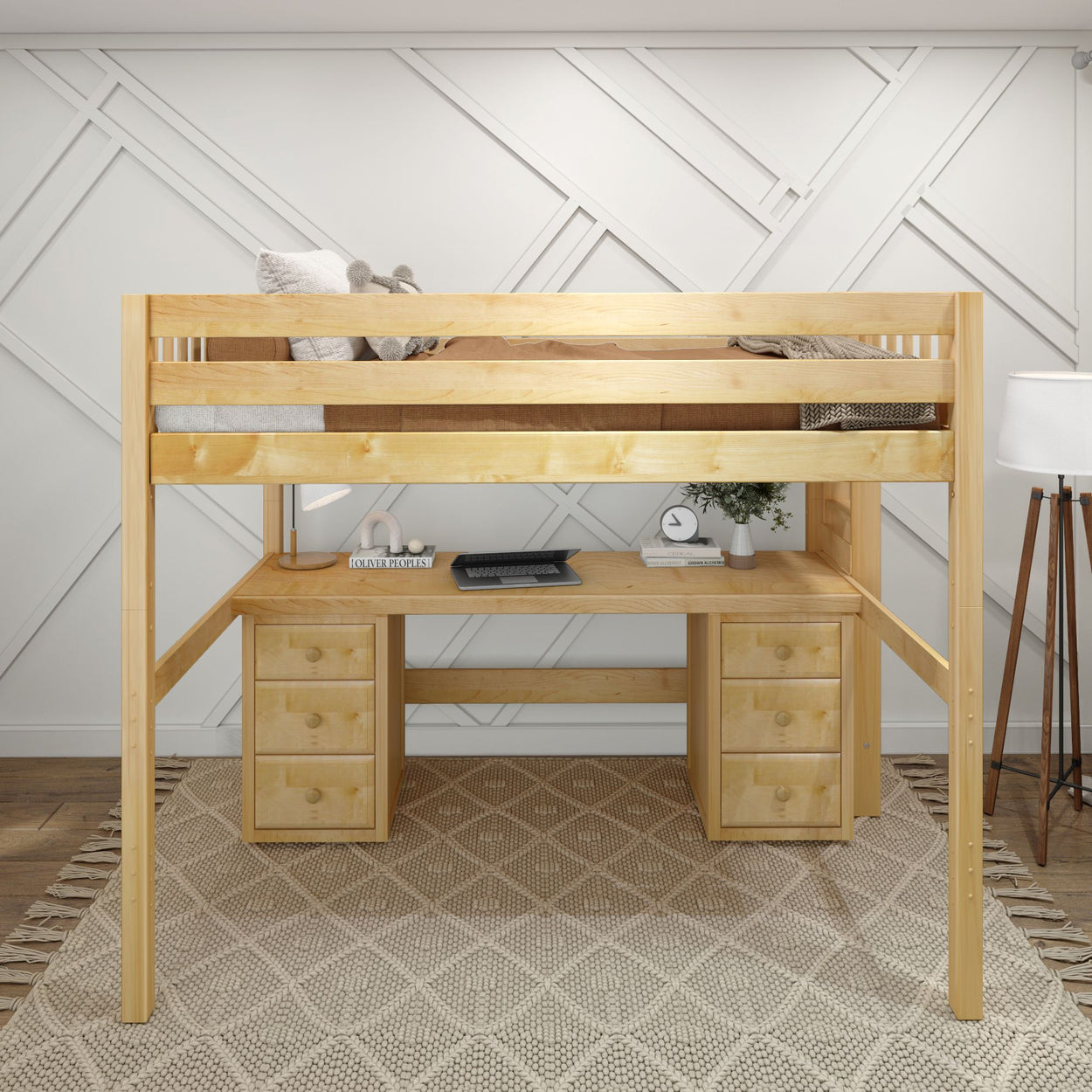 Modern loft bed with integrated desk and drawers in a stylish bedroom setting.