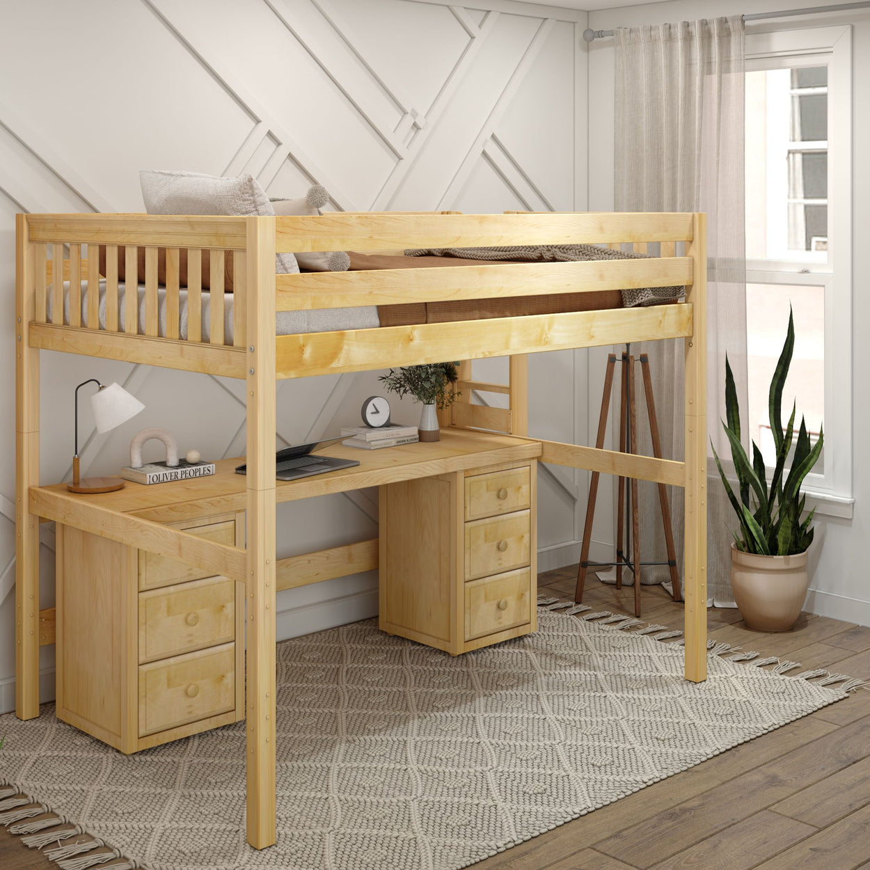 Stylish wooden loft bed with integrated desk and storage drawers in modern room setting.