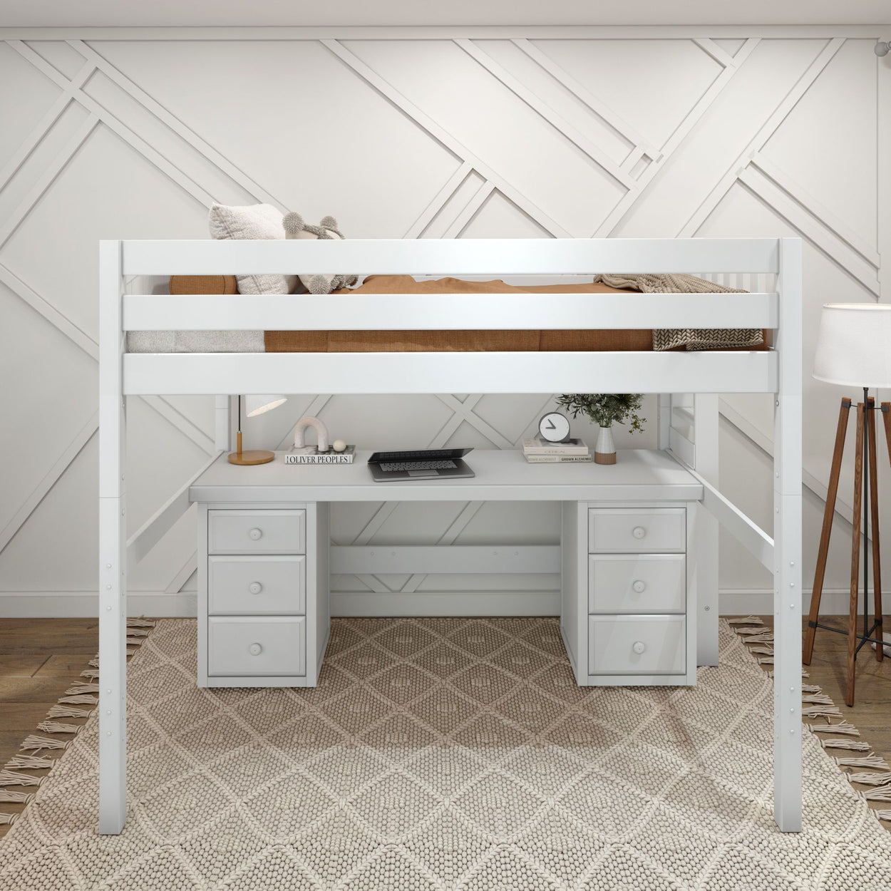 Modern white loft bed with integrated desk and storage drawers in stylish bedroom setup.