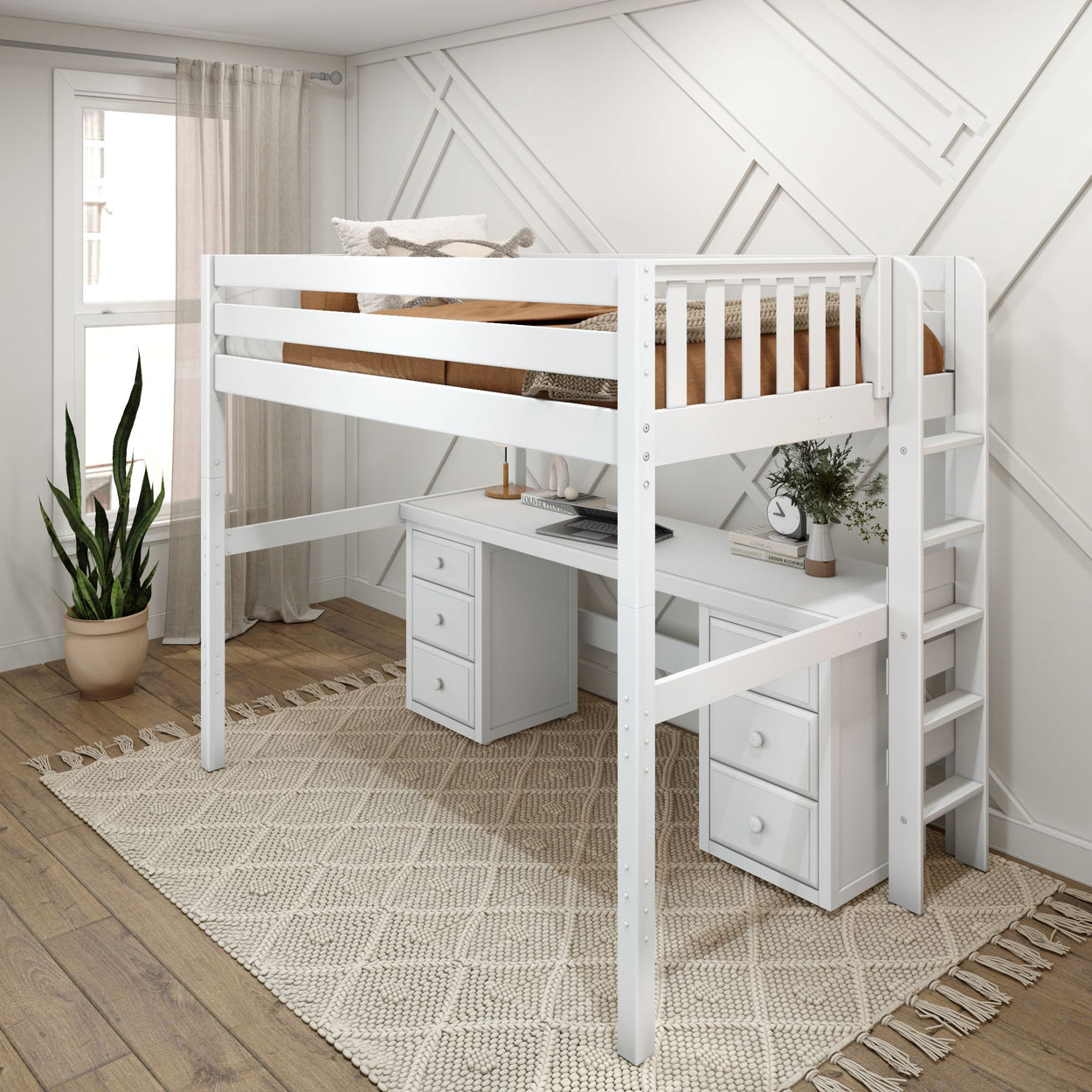 White loft bed with workspace underneath, featuring a desk, drawers, and comfortable ladder access in a modern bedroom setting.