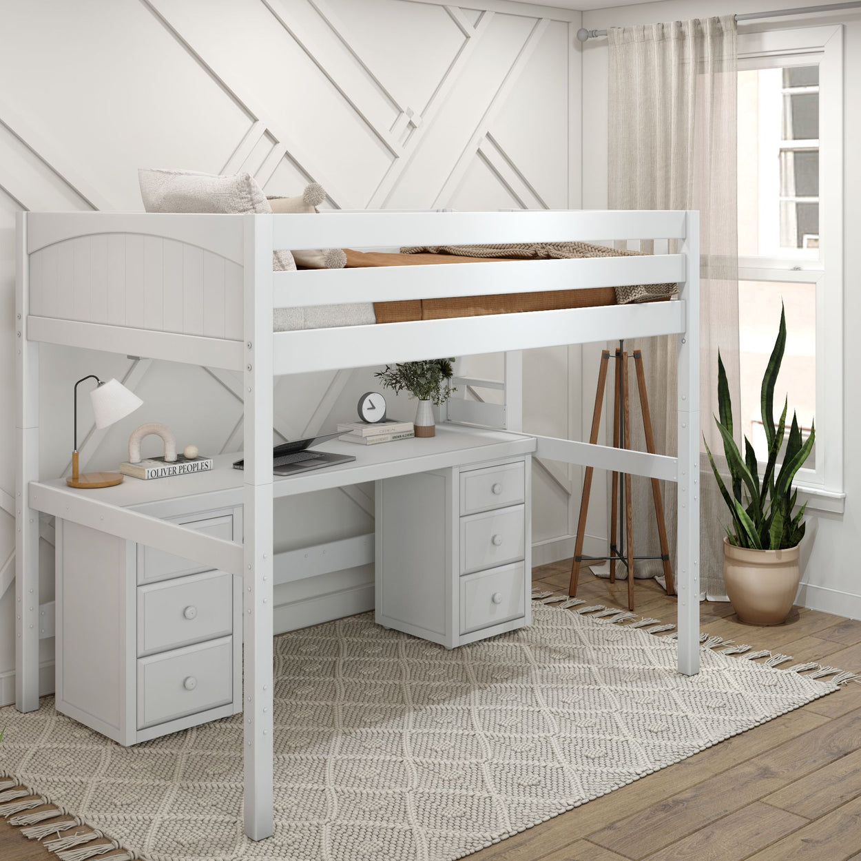 White loft bed with integrated desk and drawers in a modern bedroom with natural light and decor.