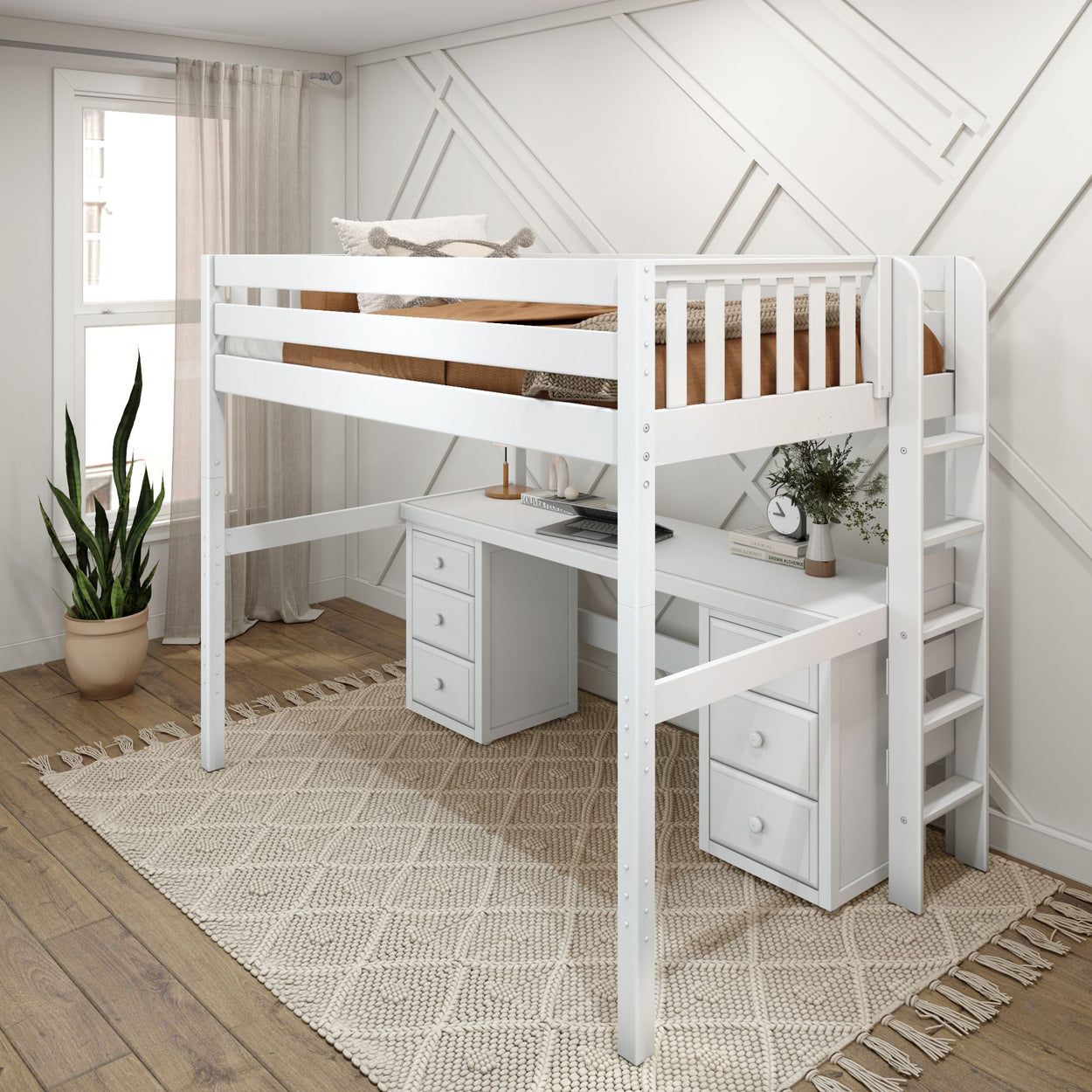 White loft bed with built-in desk and storage, featuring wooden ladder and cozy bedroom decor.