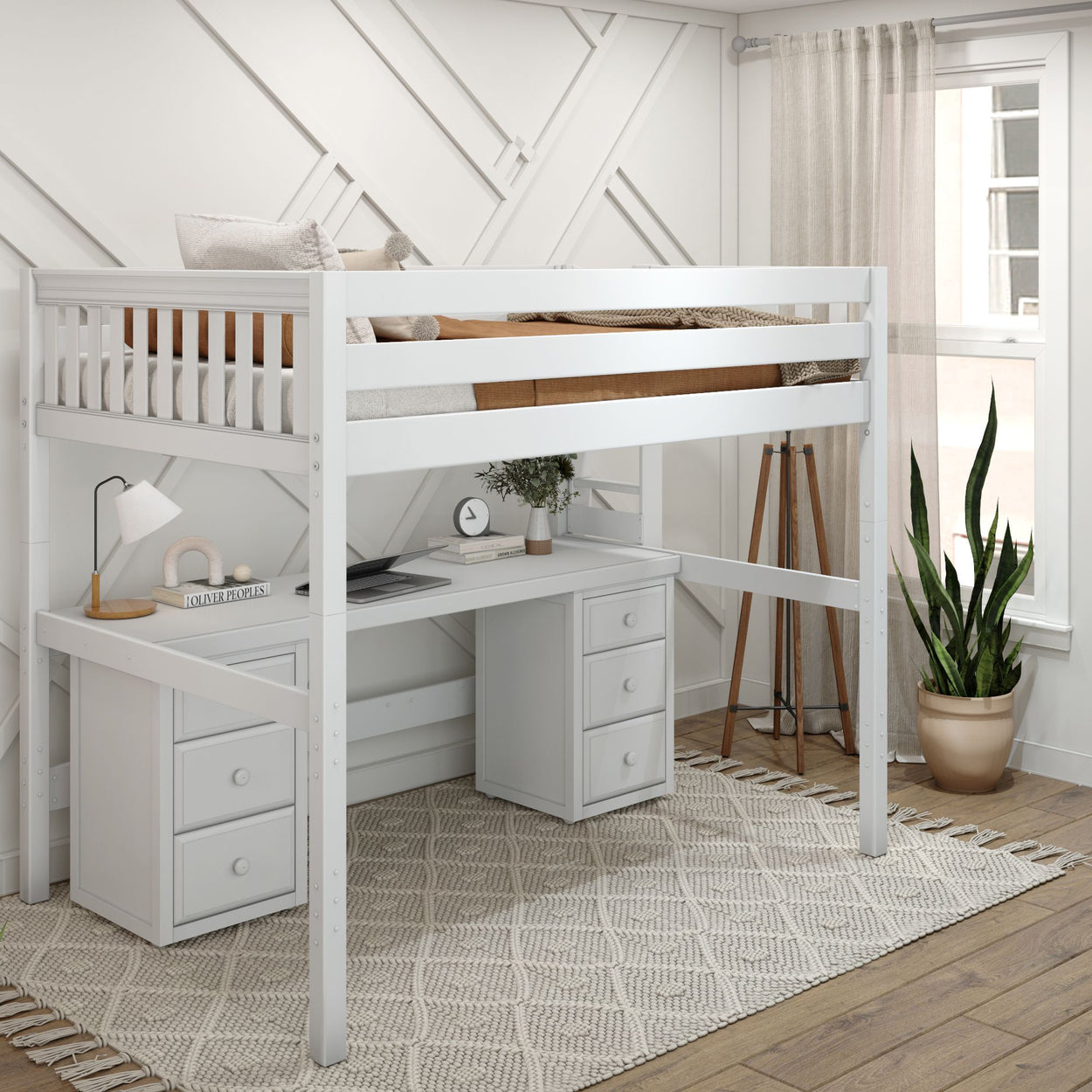 White loft bed with integrated desk and drawers in a stylish bedroom.