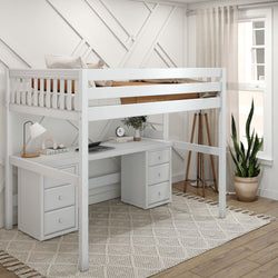 White loft bed with integrated desk and drawers in a stylish bedroom.