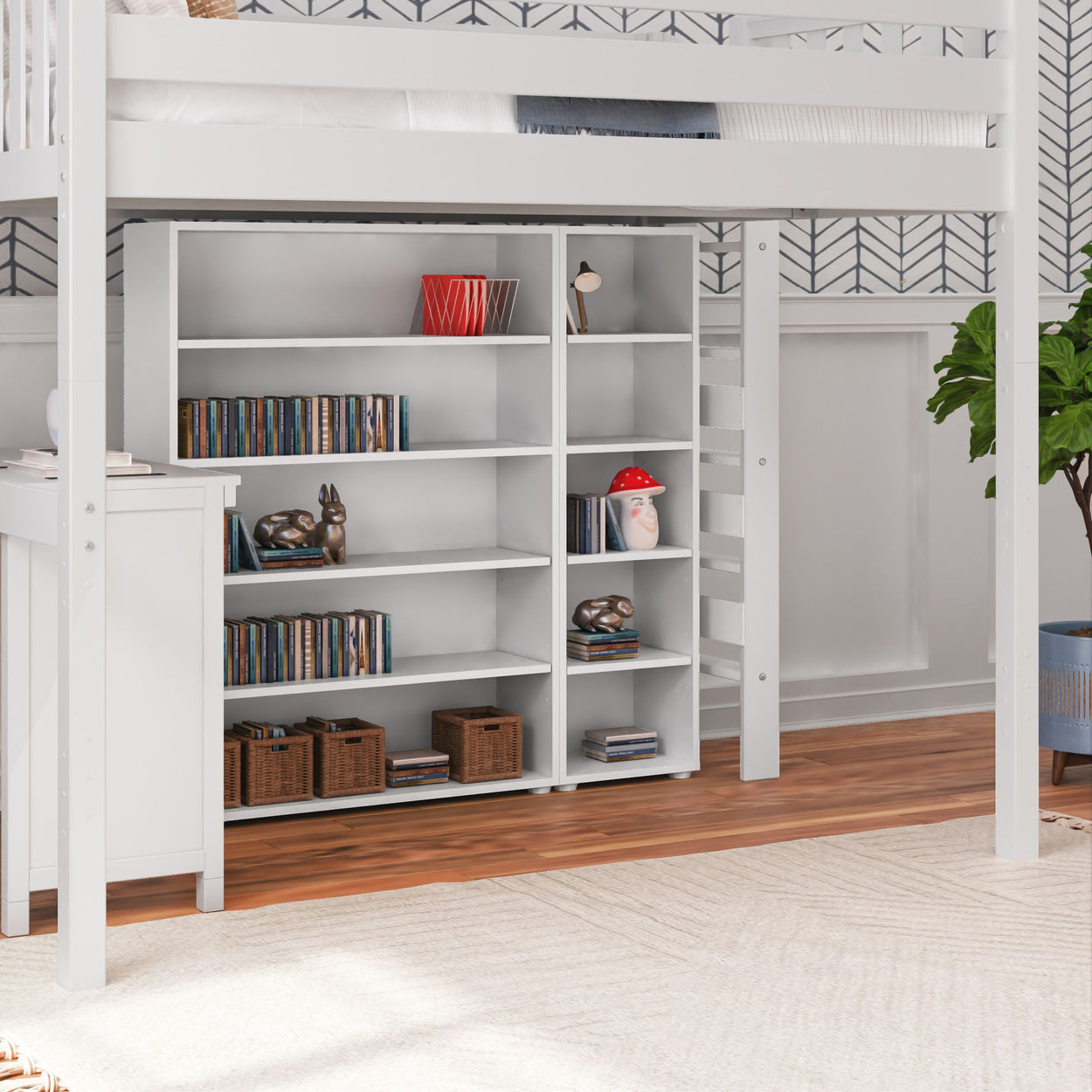 White loft bed with built-in bookshelf and decorative items in modern bedroom.
