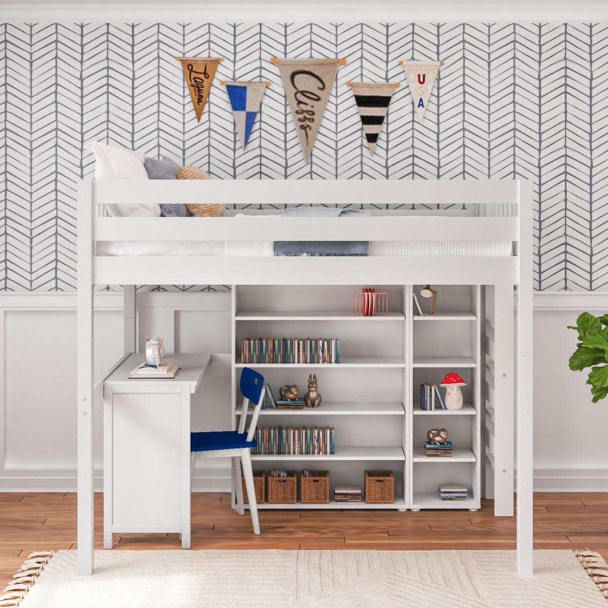 Loft bed with built-in desk and shelves in modern children's bedroom.