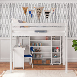 Loft bed with built-in desk and shelves in modern children's bedroom.