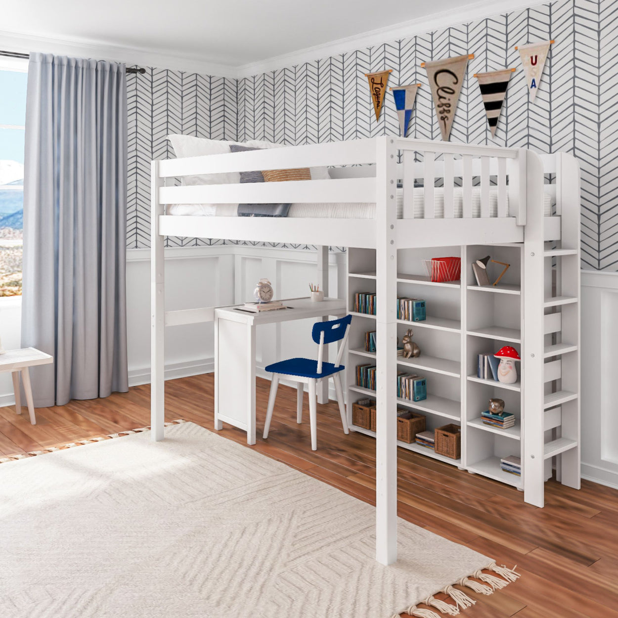 Stylish white loft bed with built-in desk and shelving, ideal for maximizing small bedroom spaces.