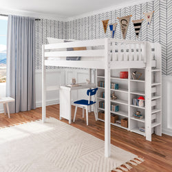 Stylish white loft bed with built-in desk and shelving, ideal for maximizing small bedroom spaces.