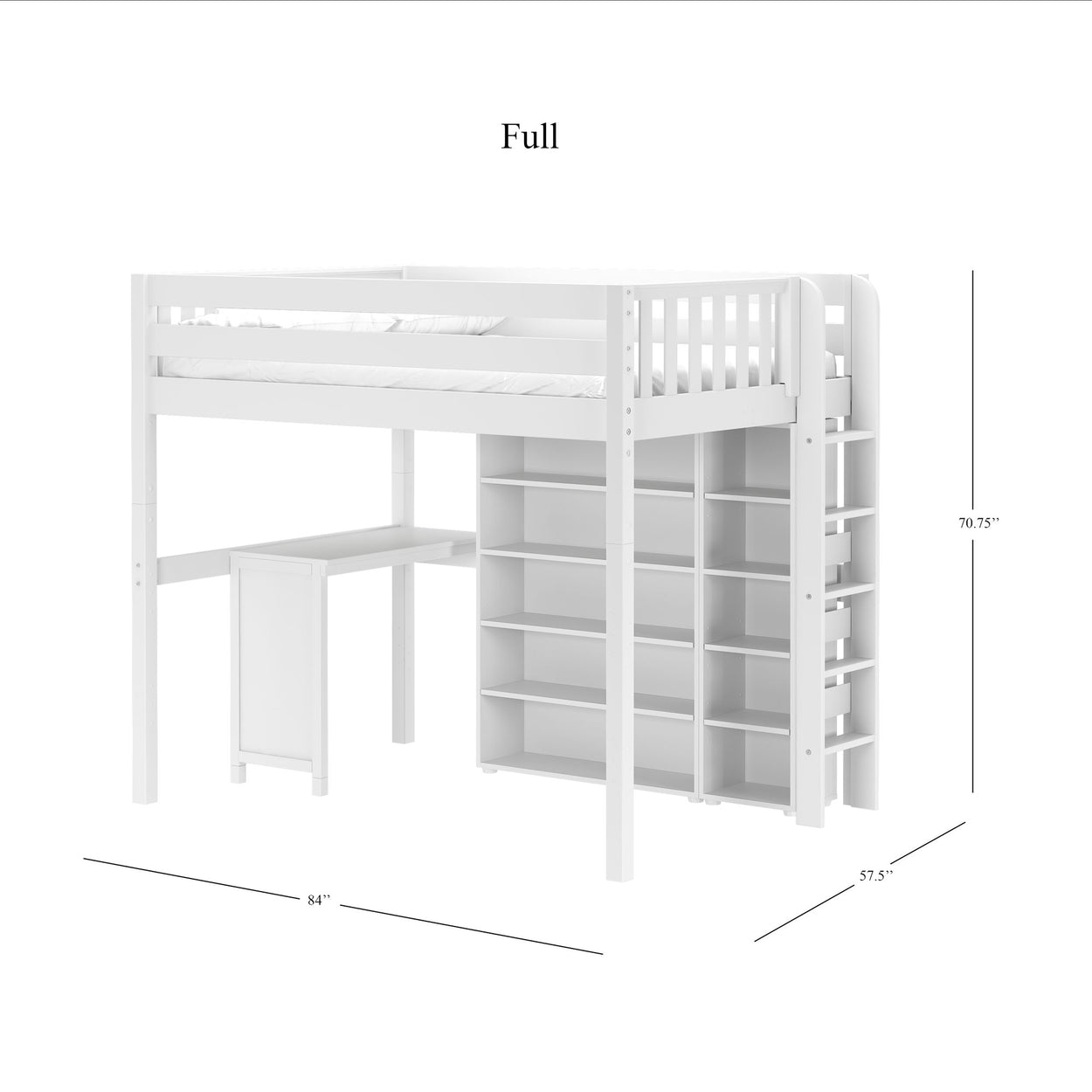 Full-size white loft bed with integrated shelves and desk, measuring 84 inches long, 57.5 inches wide, and 70.75 inches high, perfect for maximizing bedroom space.