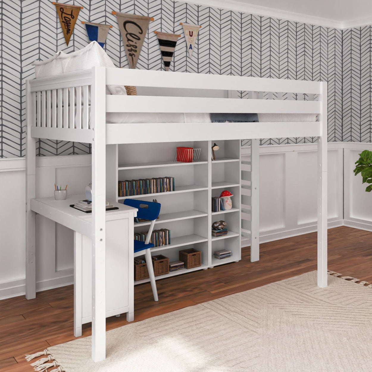 White loft bed with built-in desk and bookshelves in a modern kids' room.