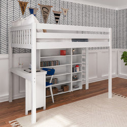 White loft bed with built-in desk and bookshelves in a modern kids' room.