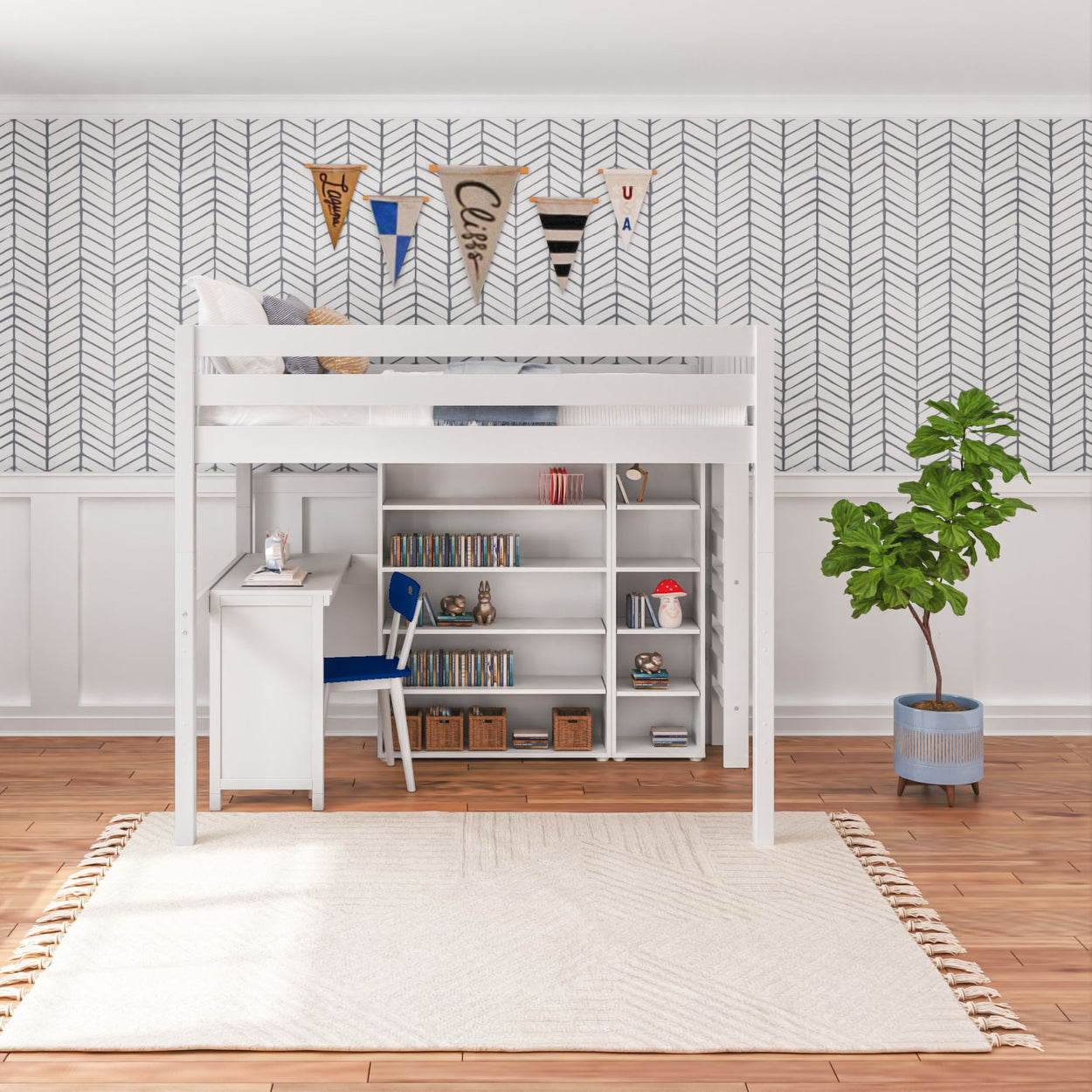 Loft bed with integrated study desk and shelving in a modern kids' room with chevron wallpaper and decorative pennants.