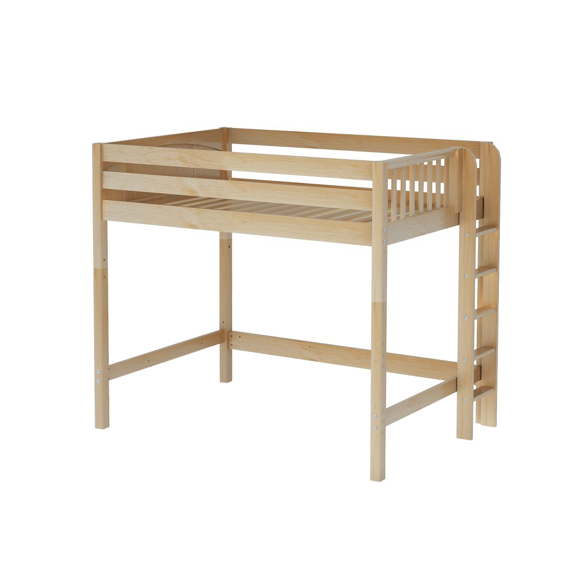 Wooden loft bed with integrated ladder and safety rails for kids' bedroom.