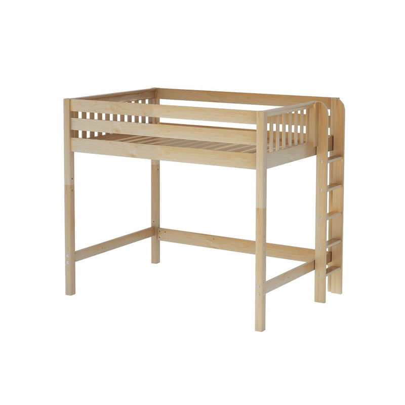 Natural pine loft bed with side ladder and slatted guardrails, raised platform bed frame with open space underneath