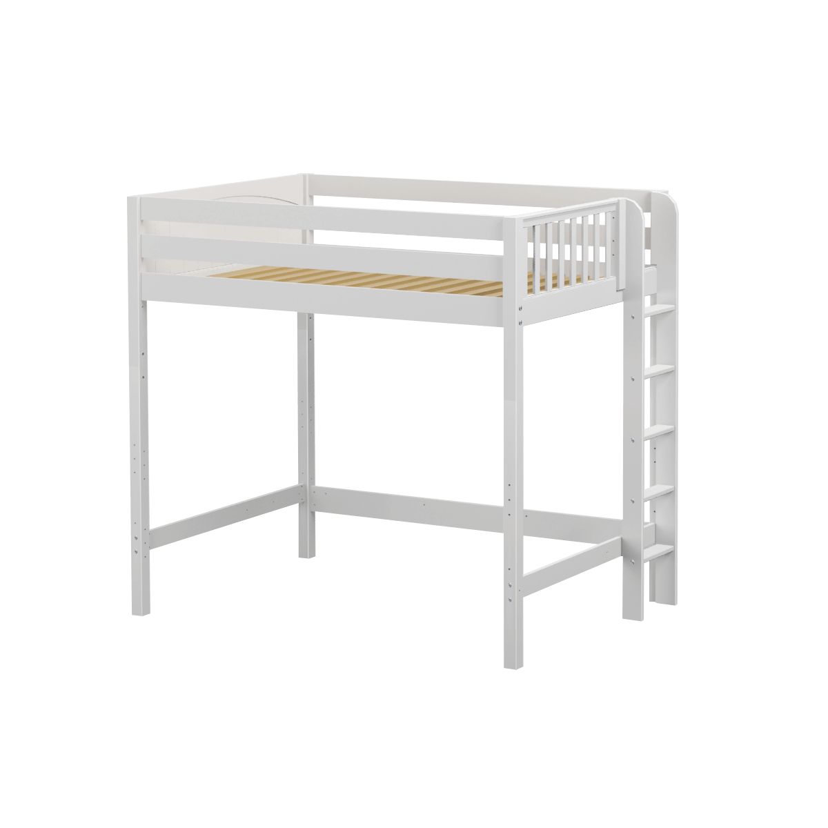 White wooden loft bed frame with integrated ladder for kids' room.