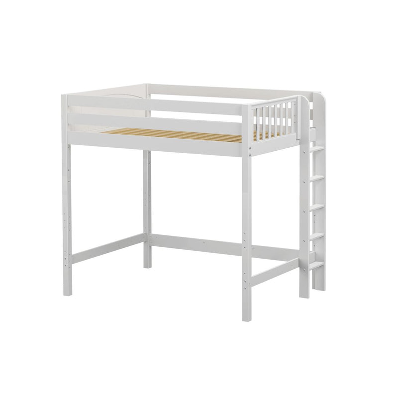 White wooden loft bed with ladder and guardrails, slatted mattress support — space-saving twin children's loft bed for small bedrooms
