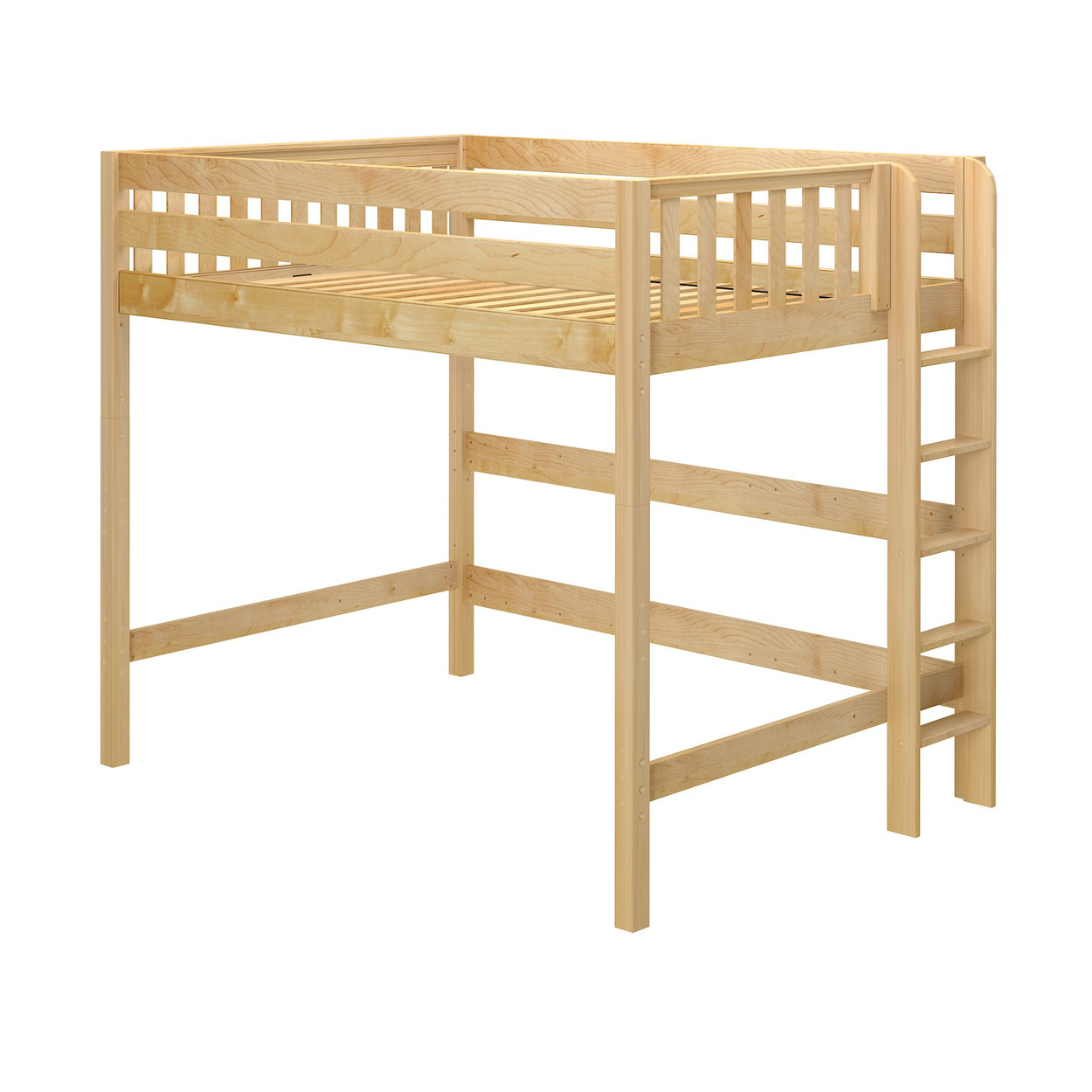 Wooden loft bed frame with built-in ladder for space-saving bedroom design.