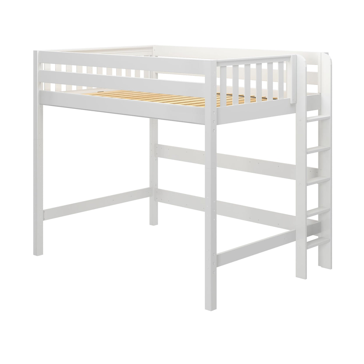 White wooden loft bed frame with ladder, perfect for maximizing space in small bedrooms.