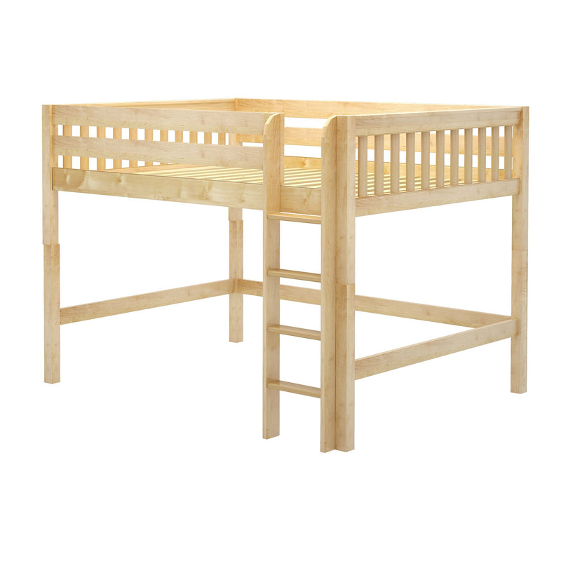 Light natural wood loft bed frame with ladder and slatted guardrails, elevated twin wooden loft bed